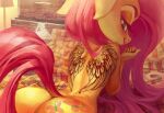  2018 anthro anthrofied butt clothing cutie_mark dock equid eyebrows female fingers fluttershy_(mlp) friendship_is_magic hair half-closed_eyes hasbro hi_res holivi inside long_hair looking_back mammal my_little_pony narrowed_eyes nude panties pink_hair signature smile solo tattoo underwear yellow_body 