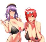  2girls absurdres ahoge azur_lane bangs bare_shoulders black_bra bra breasts cleavage closed_mouth eyebrows_visible_through_hair goggles goggles_on_head harstfazn hat highres huge_breasts leaning_forward multiple_girls navel one_eye_closed open_mouth orange_eyes pola_(azur_lane) purple_hair sidelocks smile swimsuit swimwear twintails underwear w wet white_background zara_(azur_lane) 