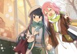  2girls bag beret blue_hair blush building cellphone closed_eyes cloud cloudy_sky commentary couple embarrassed handbag hat highres holding holding_hands holding_phone hotaru_iori jacket kagamihara_nadeshiko long_hair looking_at_phone looking_to_the_side medium_hair multiple_girls open_mouth outdoors pants phone pink_hair purple_eyes scarf shima_rin shirt shop shopping_bag skirt sky smartphone smile snow storefront tree walking window winter yuri yurucamp 