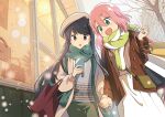  2girls :d bag beret blue_hair blush building cellphone cloud cloudy_sky commentary couple green_eyes handbag hat highres holding holding_hands holding_phone hotaru_iori jacket kagamihara_nadeshiko long_hair looking_at_phone medium_hair multiple_girls open_mouth outdoors pants phone pink_hair purple_eyes scarf shima_rin shirt shop shopping_bag skirt sky smartphone smile snow storefront tree walking window winter yuri yurucamp 