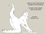  2021 anthro butt cleaning dialogue english_text female genitals horn kobold koopacap meena_the_kobold nude pussy raised_tail ribbons simple_background smile solo tail_ribbon text unseen_character 