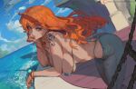  1girl bangle bangs bare_shoulders bent_over bikini bikini_top bird blue_pants blue_sky bracelet breasts closed_mouth cutesexyrobutts duplicate hand_on_own_cheek hand_on_own_face jewelry large_breasts leaning_forward long_hair looking_to_the_side nami_(one_piece) ocean one_piece orange_eyes orange_hair outdoors pants rope ship shoulder_tattoo sideboob sky swimsuit tattoo thong water watercraft waves 