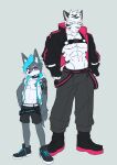  abs absurd_res anthro canid canine canis clothed clothing collar duo grey_background hald_(manadezimon) hi_res male mammal manadezimon muscular muscular_male open_clothing open_topwear open_vest pecs simple_background teenager topwear vest wolf young 