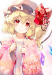  1girl bangs blonde_hair blush bow camisole closed_mouth collarbone commentary_request crystal eyebrows_visible_through_hair fang fang_out flandre_scarlet floral_print gengetsu_chihiro hair_between_eyes hands_up hat japanese_clothes kimono long_hair long_sleeves mob_cap one_side_up open_clothes open_kimono pink_kimono red_bow red_eyes sleeves_past_wrists smile solo touhou upper_body white_camisole white_headwear wide_sleeves wings 