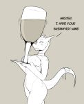  2021 anthro beverage breasts dialogue english_text female genitals holding_beverage holding_object horn kobold koopacap looking_up meena_the_kobold nipples non-mammal_breasts nude pussy ribbons simple_background solo surprise tail_ribbon text 