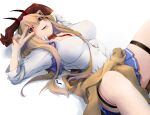  1girl azur_lane beige_sweater blonde_hair bow breasts brown_gloves cleavage clothes_around_waist covered_nipples elbow_gloves gloves gyaru hair_between_eyes highres horns kumano_(azur_lane) large_breasts long_hair lying miniskirt neckwear_between_breasts nmz_(namazu) on_back oni_horns partially_unbuttoned pleated_skirt purple_bow purple_eyes red_neckwear see-through sharp_teeth shirt single_elbow_glove skirt solo sweater sweater_around_waist teeth thighlet v white_shirt 