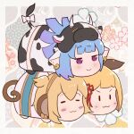  3girls :&gt; :3 andira_(granblue_fantasy) animal_ears animal_print bangs blonde_hair blue_hair blush bow closed_eyes closed_mouth commentary_request cow_ears cow_girl cow_horns cow_print cow_tail dog_ears ear_piercing erune eyebrows_visible_through_hair floral_background gradient_hair granblue_fantasy hair_ornament horns monkey_ears monkey_girl monkey_tail multicolored_hair multiple_girls piercing purple_eyes purple_hair shatola_(granblue_fantasy) short_eyebrows tail tail_bow tail_ornament thick_eyebrows two_side_up uneg v-shaped_eyebrows vajra_(granblue_fantasy) white_bow |_| 