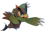  airborne arm_up beak bird claws creature digimon digimon_survive falcomon feathers full_body green_eyes looking_at_viewer lowres no_humans official_art open_mouth outstretched_arm sharp_teeth solo teeth tongue transparent_background ukumo_uichi 