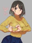  1girl 2021 agawa_ryou black_hair brown_eyes commentary dated english_commentary green_sweater grey_background heart heart_hands long_hair looking_at_viewer original signature simple_background smile solo sweater turtleneck turtleneck_sweater 