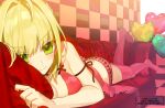  1girl ahoge akamakoto ass babydoll bangs bare_shoulders blonde_hair blush braid breasts cleavage couch fate/extra fate_(series) french_braid green_eyes hair_between_eyes hair_bun hair_intakes large_breasts legs long_hair looking_at_viewer lying nero_claudius_(fate) nero_claudius_(fate)_(all) on_stomach red_legwear smile thighhighs 