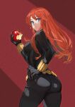  1girl apple artist_name avengers belt bite_mark black_bodysuit black_widow blue_eyes bodysuit breasts catsuit eating english_commentary food from_behind fruit hand_on_hip highres holding holding_food holding_fruit jun_(seojh1029) long_hair looking_at_viewer looking_back marvel natasha_romanoff red_hair signature solo 