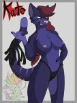  3:4 absurd_res anthro black_clothing black_underwear breasts clothing domination felid female female_domination fur hair hi_res humanoid kate_(character) mammal purple_body purple_fur red_hair smile smirk solo squiggz_(artist) story story_in_description underwear whip yellow_eyes 