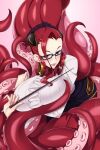  1girl ahoge black_skirt blush breasts center_frills cthulhy_squele english_commentary fingernails frills glasses holding huge_ahoge large_breasts lindaroze lips long_hair mature mole mole_under_mouth monster_girl monster_musume_no_oisha-san parted_lips ponytail red_hair scylla seductive_smile shirt simple_background skirt smile solo suction_cups tentacles white_shirt 