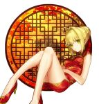  1girl ahoge akamakoto bangs blonde_hair breasts china_dress chinese_clothes cleavage_cutout clothing_cutout dress eyebrows_visible_through_hair fate/extra fate_(series) green_eyes high_heels looking_at_viewer medium_breasts nero_claudius_(fate) nero_claudius_(fate)_(all) open_mouth print_dress pumps red_dress red_footwear short_dress sidelocks simple_background sitting sleeveless sleeveless_dress solo tied_hair white_background 