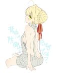  1girl ahoge akamakoto ass back backless_outfit bangs bare_back bare_shoulders blonde_hair blush braid breasts dress fate/extra fate_(series) french_braid green_eyes grey_sweater hair_between_eyes hair_bun hair_intakes large_breasts long_hair looking_at_viewer looking_back meme_attire nero_claudius_(fate) nero_claudius_(fate)_(all) open_mouth ribbed_sweater sideboob sitting sweater sweater_dress translation_request turtleneck virgin_killer_sweater 