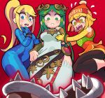  3girls armlet beanie blonde_hair blue_eyes bob_cut bodysuit circlet domino_mask dress forehead_jewel from_below gashi-gashi green_eyes green_hair hat jewelry knit_hat leggings long_hair looking_down mask min_min_(arms) multiple_girls nervous orange_headwear orange_legwear palutena piranha_plant ponytail samus_aran scared shaded_face short_hair shorts simple_background super_smash_bros. sweat sweatdrop thighhighs zero_suit 