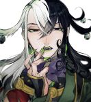  1boy absurdres ashiya_douman_(fate) asymmetrical_clothes asymmetrical_hair bell black_eyes black_hair curly_hair earrings face fangs fate/grand_order fate_(series) fingernails green_eyeshadow green_kimono green_lipstick green_nails hair_bell hair_between_eyes hair_intakes hair_ornament half-closed_eyes highres japanese_clothes jewelry kimono lips lipstick long_hair magatama magatama_earrings makeup male_focus multicolored_hair open_clothes open_kimono open_mouth oshiruko_(oshiruko0803) portrait ribbed_sleeves sharp_fingernails solo two-tone_hair upper_body very_long_fingernails very_long_hair white_hair 