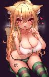  1girl ahoge animal_ear_fluff animal_ears bare_arms bare_shoulders black_background blonde_hair borrowed_character breast_hold breasts breath cameltoe cat_ears cat_girl cat_tail cleavage collarbone covered_nipples green_panties hand_up heart highres kaptivate large_breasts long_hair looking_at_viewer open_mouth orange_eyes original panties shirt simple_background skindentation sleeveless sleeveless_shirt slit_pupils solo stomach strap_slip string_panties striped striped_legwear striped_panties tail thighhighs thighs tiffy_(nottytiffy) underwear very_long_hair white_shirt 