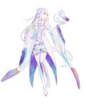  1girl animal bangs blunt_bangs boots breasts cat detached_sleeves dress emilia_(re:zero) flower frilled_sleeves frills hair_flower hair_ornament hair_ribbon highres long_hair long_sleeves multicolored_hair one_eye_closed puck_(re:zero) purple_eyes re:zero_kara_hajimeru_isekai_seikatsu ribbon rose simple_background small_breasts thigh_boots thighhighs unye_00 white_background white_dress white_flower white_legwear white_rose wide_sleeves 