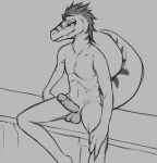  abs anthro balls bedroom_eyes bench biped claws dinosaur dromaeosaurid erection fangs genitals hair hand_on_knee hand_on_leg humanoid lawyerdog looking_at_viewer male markings monochrome narrowed_eyes penis reptile scale scalie seductive simple_background sitting snout snout_markings solo spiky_hair tail_markings theropod velociraptor 