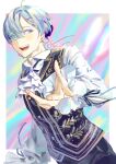  1boy ahoge ascot bangs blue_eyes blue_hair blush earrings eyes_visible_through_hair frilled_sleeves frills genderswap genderswap_(ftm) hair_ornament hair_over_one_eye highres jewelry long_sleeves male_focus open_mouth pants re:zero_kara_hajimeru_isekai_seikatsu rem_(re:zero) shirt simple_background solo sparkle unye_00 vest white_neckwear white_shirt x_hair_ornament 