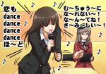  2girls angry bangs beret black_headwear black_jacket black_neckwear blunt_bangs brown_hair closed_eyes commentary constricted_pupils dress_shirt eighth_note english_text eyebrows_visible_through_hair frown girls_und_panzer hat high_collar highres holding holding_microphone holding_tablet_pc indoors jacket karaoke leaning_forward long_hair long_sleeves microphone motion_lines multiple_girls music musical_note neck_ribbon nishizumi_shiho no_mouth omachi_(slabco) open_mouth red_jacket ribbon shimada_chiyo shirt singing sitting standing straight_hair table tablet_pc translated v-shaped_eyebrows white_shirt wing_collar 