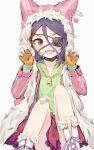  1girl :d animal_hood bandaid bandaid_on_knee black_choker blue_nails boots brown_eyes choker claw_pose cross-laced_footwear eyebrows_visible_through_hair eyepatch fang fingerless_gloves fur-trimmed_hood fur-trimmed_jacket fur_trim gloves green_shirt hayasaka_mirei heart highres hood idolmaster idolmaster_cinderella_girls jacket lace-up_boots long_sleeves looking_at_viewer multicolored_hair open_clothes open_jacket open_mouth orange_gloves pink_jacket purple_hair red_hair shirt shone simple_background sitting skirt smile solo streaked_hair two-tone_hair v-shaped_eyebrows white_background 