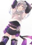  1girl :o arm_strap bangs black_footwear black_shorts boots contender_(girls_frontline) cross-laced_footwear elbow_gloves girls_frontline gloves greyscale hair_between_eyes lace-up_boots monochrome multicolored_hair open_mouth purple_eyes purple_hair satsumi see-through see-through_sleeves short_hair short_sleeves shorts simple_background solo streaked_hair thigh_boots thighhighs white_background zettai_ryouiki 