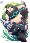  2021 absurd_res anthro belly blush bottomwear bulge canid canine canis clothing domestic_dog fur green_body green_fur hi_res kemono live-a-hero male mammal mokdai overweight overweight_anthro overweight_male pants park_kr solo superhero video_games visor 
