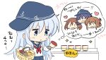  1girl akatsuki_(kantai_collection) anchor_symbol basket black_legwear black_sailor_collar black_skirt blue_eyes commentary_request cowboy_shot flat_cap food hat head_only hibiki_(kantai_collection) highres hizuki_yayoi ikazuchi_(kantai_collection) inazuma_(kantai_collection) kantai_collection long_hair neckerchief pleated_skirt pudding red_neckwear sailor_collar school_uniform serafuku shopping silver_hair skirt sparkle translation_request 