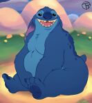  alien anthro belly big_butt blue_body blue_fur butt disney experiment_(lilo_and_stitch) fur hi_res lilo_and_stitch male moobs outside overweight overweight_anthro overweight_male siting solo stitch_(lilo_and_stitch) stubble trashtoonz 