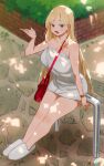  1girl bag bangs bare_shoulders blonde_hair blue_eyes blue_hair blurry blurry_background blush breasts dappled_sunlight day full_body hand_up highres large_breasts long_hair naked_towel open_mouth original outdoors railing ryusei_hashida shoulder_bag signature sitting sitting_on_railing slippers solo sunlight towel very_long_hair white_footwear 