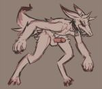  anthro balls bent_over biped canid claws collar digitigrade erection fangs fluffy fluffy_tail fur genitals horn humanoid hunched_over large_fangs lawyerdog male mammal nude penis simple_background simple_coloring smile snout solo teeth teeth_showing 