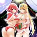  2girls ass bangs bell belt bikini blonde_hair box breasts capelet chest_jewel christmas closed_mouth daive earrings elbow_gloves eyebrows_visible_through_hair gem gift gift_box gloves hair_between_eyes headpiece highres holding_hands interlocked_fingers jewelry large_breasts long_hair multiple_girls mythra_(xenoblade) pyra_(xenoblade) red_belt red_bikini red_capelet red_eyes red_gloves red_hair short_hair smile swept_bangs swimsuit tiara white_bikini white_gloves xenoblade_chronicles_(series) xenoblade_chronicles_2 yellow_eyes 