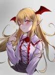  1girl bat_wings blonde_hair closed_mouth eyebrows_visible_through_hair gothic_lolita granblue_fantasy grin highres lolita_fashion long_hair nose_(oekaki1825) one_eye_closed shingeki_no_bahamut smile vampire vampy wings 