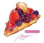  blueberry dessert food food_focus fruit fruit_pie highres momiji_mao no_humans original pastry pie pie_slice signature simple_background sparkle strawberry white_background 