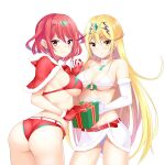  2girls ass bangs bell belt bikini blonde_hair box breasts capelet chest_jewel christmas closed_mouth daive earrings elbow_gloves eyebrows_visible_through_hair gem gift gift_box gloves hair_between_eyes highres holding_hands interlocked_fingers jewelry large_breasts long_hair multiple_girls mythra_(xenoblade) pyra_(xenoblade) red_belt red_bikini red_capelet red_eyes red_gloves red_hair short_hair simple_background smile swept_bangs swimsuit white_background white_bikini white_gloves xenoblade_chronicles_(series) xenoblade_chronicles_2 yellow_eyes 