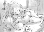  1girl absurdres bangs breasts daefny eyebrows_visible_through_hair garter_belt greyscale highres looking_at_viewer lying monochrome on_stomach original pointy_ears santa_costume sketch solo thighhighs 