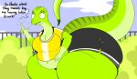  anthro big_butt breasts butt cleavage clothed clothing dialogue english_text female hi_res huge_butt lizard mirroidal non-mammal_breasts reptile scalie solo text thick_thighs torn_clothing 