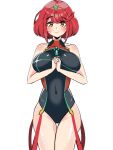  1girl arms_under_breasts asymmetrical_hair bangs bare_shoulders black_leotard breasts collarbone cowboy_shot diadem dot_nose eyebrows_visible_through_hair hands_together highres iruka large_breasts leotard looking_at_viewer navel pyra_(xenoblade) red_hair shiny shiny_clothes shiny_hair shiny_skin short_hair smile solo solo_focus standing white_background xenoblade_chronicles_(series) xenoblade_chronicles_2 yellow_eyes 