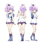  1girl :d azur_lane bangs bare_arms bare_shoulders blue_eyes blue_footwear blue_skirt blush boots breasts camisole closed_mouth crown eyebrows_visible_through_hair facing_away gloves hair_between_eyes hair_ribbon hand_up high_ponytail javelin_(azur_lane) looking_at_viewer mini_crown moupii_(hitsuji_no_ki) multiple_views open_mouth pleated_skirt ponytail purple_hair purple_legwear purple_ribbon ribbon signature simple_background single_glove skirt small_breasts smile socks standing tilted_headwear white_background white_camisole white_gloves 