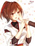  1girl :d brown_eyes brown_hair flower hand_on_another&#039;s_cheek hand_on_another&#039;s_face highres ise_(kantai_collection) japanese_clothes kantai_collection open_mouth out_of_frame ponytail ribbon-trimmed_sleeves ribbon_trim short_hair signature simple_background smile solo_focus toosaka_asagi white_background 