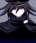  1boy 8takenokonosato8 bangs black_cape black_hair black_headwear cape closed_mouth danganronpa_(series) danganronpa_v3:_killing_harmony grey_background hair_between_eyes hat head looking_at_viewer male_focus ouma_kokichi peaked_cap purple_eyes purple_hair sky_print smile solo tagme 