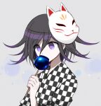  1boy 8takenokonosato8 bangs black_hair candy_apple checkered checkered_background checkered_kimono commentary_request danganronpa_(series) danganronpa_v3:_killing_harmony eyebrows_visible_through_hair food fox_mask grey_background hair_between_eyes holding japanese_clothes kimono looking_to_the_side male_focus mask mask_on_head ouma_kokichi purple_hair short_hair simple_background solo upper_body 