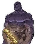  1boy abs avengers bald bow_(bhp) closed_mouth collarbone colored_skin commentary english_commentary erection gem glint gold infinity_gauntlet jpeg_artifacts large_penis male_focus muscular muscular_male nude pectorals penis purple_skin shiny shiny_skin simple_background sketch solo standing thanos white_background 