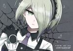  1girl 8takenokonosato8 bangs black_gloves blonde_hair blush closed_mouth collared_shirt commentary_request danganronpa_(series) danganronpa_v3:_killing_harmony dated dress gloves green_eyes grey_background hair_ornament hair_over_one_eye hairband happy_birthday long_sleeves looking_at_viewer maid_headdress necktie purple_neckwear shirt short_hair solo toujou_kirumi upper_body white_shirt 