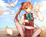  1girl ahoge akigumo_(kantai_collection) bird bow brown_hair green_eyes hair_bow kantai_collection long_hair one_eye_closed open_mouth pantyhose pencil ponytail sitting sketchbook skirt smile solo thighband_pantyhose toosaka_asagi white_legwear 