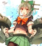  1girl bangs bow bowtie brown_eyes crop_top green_skirt hair_bow kantai_collection midriff pantyhose pleated_skirt ponytail school_uniform serafuku short_sleeves signature skirt solo toosaka_asagi yuubari_(kantai_collection) 