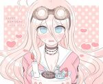  1girl 8takenokonosato8 ahoge bangs barbed_wire black_choker blonde_hair blue_eyes blush border breasts cake candle choker cleavage collarbone commentary_request danganronpa_(series) danganronpa_v3:_killing_harmony food goggles goggles_on_head hair_between_eyes heart holding iruma_miu large_breasts long_hair long_sleeves looking_at_viewer open_mouth pink_shirt polka_dot polka_dot_background sailor_collar school_uniform serafuku shirt solo sweat translation_request upper_body white_border 