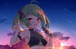  1girl ahoge arm_strap armpits bangs blush breasts clothing_cutout cloud delutaya earrings english_commentary eyebrows_visible_through_hair highres holding holding_microphone icwine indie_virtual_youtuber jewelry meteor_shower microphone mixed-language_commentary open_mouth pointing pointing_up red_eyes shooting_star sky small_breasts smile solo sunset triangle_earrings twintails underboob_cutout virtual_youtuber 